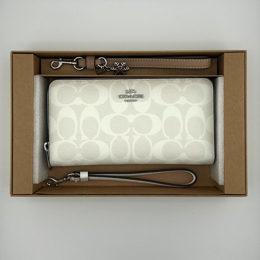 Coach Boxed Long Zip Around Wallet In Signature Canvas	Chalk Glacier White CN051